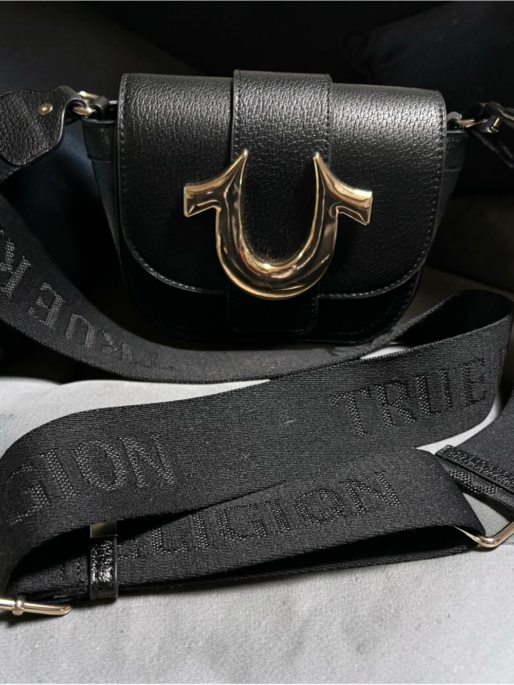 True Religion Black Leather Crossbody with Gold Horseshoe Accent